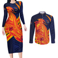 Personalized Adelaide Crows Couples Matching Long Sleeve Bodycon Dress and Long Sleeve Button Shirt Polynesian Tribal Crow Mascot With Hibiscus Floral Art
