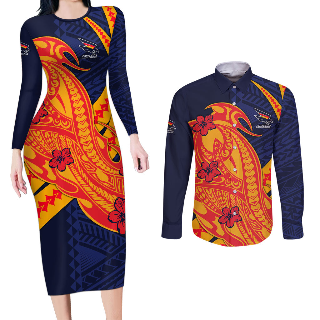 Personalized Adelaide Crows Couples Matching Long Sleeve Bodycon Dress and Long Sleeve Button Shirt Polynesian Tribal Crow Mascot With Hibiscus Floral Art