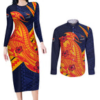Personalized Adelaide Crows Couples Matching Long Sleeve Bodycon Dress and Long Sleeve Button Shirt Polynesian Tribal Crow Mascot With Hibiscus Floral Art