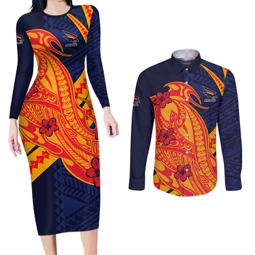 Personalized Adelaide Crows Couples Matching Long Sleeve Bodycon Dress and Long Sleeve Button Shirt Polynesian Tribal Crow Mascot With Hibiscus Floral Art