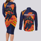 Personalized Adelaide Crows Couples Matching Long Sleeve Bodycon Dress and Long Sleeve Button Shirt Polynesian Tribal Crow Mascot With Hibiscus Floral Art