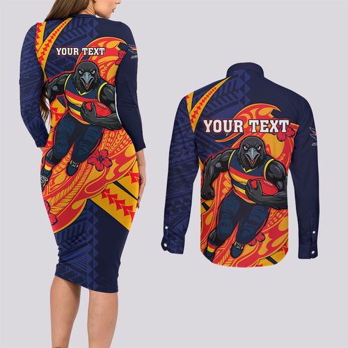 Personalized Adelaide Crows Couples Matching Long Sleeve Bodycon Dress and Long Sleeve Button Shirt Polynesian Tribal Crow Mascot With Hibiscus Floral Art