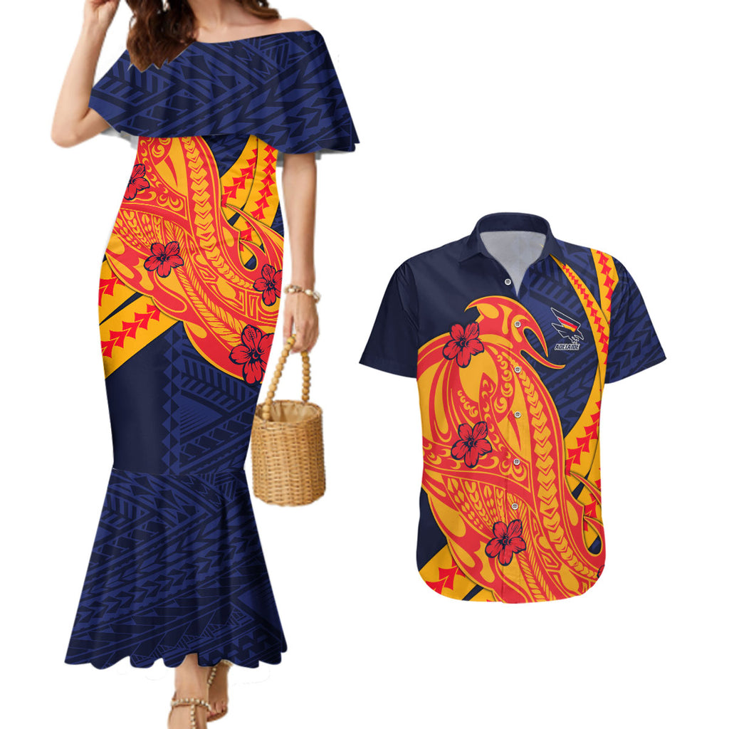 Personalized Adelaide Crows Couples Matching Mermaid Dress and Hawaiian Shirt Polynesian Tribal Crow Mascot With Hibiscus Floral Art
