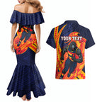Personalized Adelaide Crows Couples Matching Mermaid Dress and Hawaiian Shirt Polynesian Tribal Crow Mascot With Hibiscus Floral Art