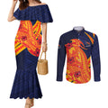 Personalized Adelaide Crows Couples Matching Mermaid Dress and Long Sleeve Button Shirt Polynesian Tribal Crow Mascot With Hibiscus Floral Art