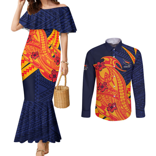 Personalized Adelaide Crows Couples Matching Mermaid Dress and Long Sleeve Button Shirt Polynesian Tribal Crow Mascot With Hibiscus Floral Art