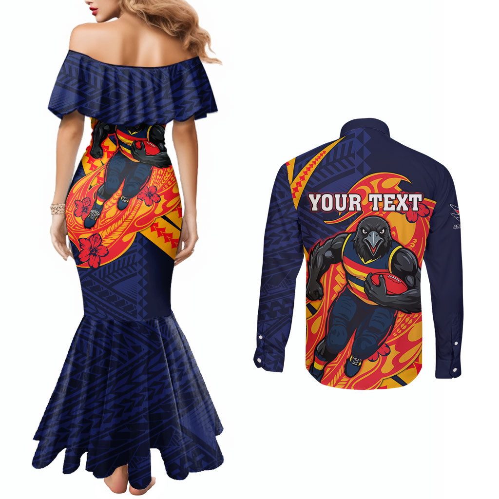 Personalized Adelaide Crows Couples Matching Mermaid Dress and Long Sleeve Button Shirt Polynesian Tribal Crow Mascot With Hibiscus Floral Art