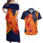 Personalized Adelaide Crows Couples Matching Off Shoulder Maxi Dress and Hawaiian Shirt Polynesian Tribal Crow Mascot With Hibiscus Floral Art