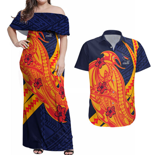 Personalized Adelaide Crows Couples Matching Off Shoulder Maxi Dress and Hawaiian Shirt Polynesian Tribal Crow Mascot With Hibiscus Floral Art