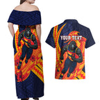 Personalized Adelaide Crows Couples Matching Off Shoulder Maxi Dress and Hawaiian Shirt Polynesian Tribal Crow Mascot With Hibiscus Floral Art
