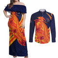 Personalized Adelaide Crows Couples Matching Off Shoulder Maxi Dress and Long Sleeve Button Shirt Polynesian Tribal Crow Mascot With Hibiscus Floral Art