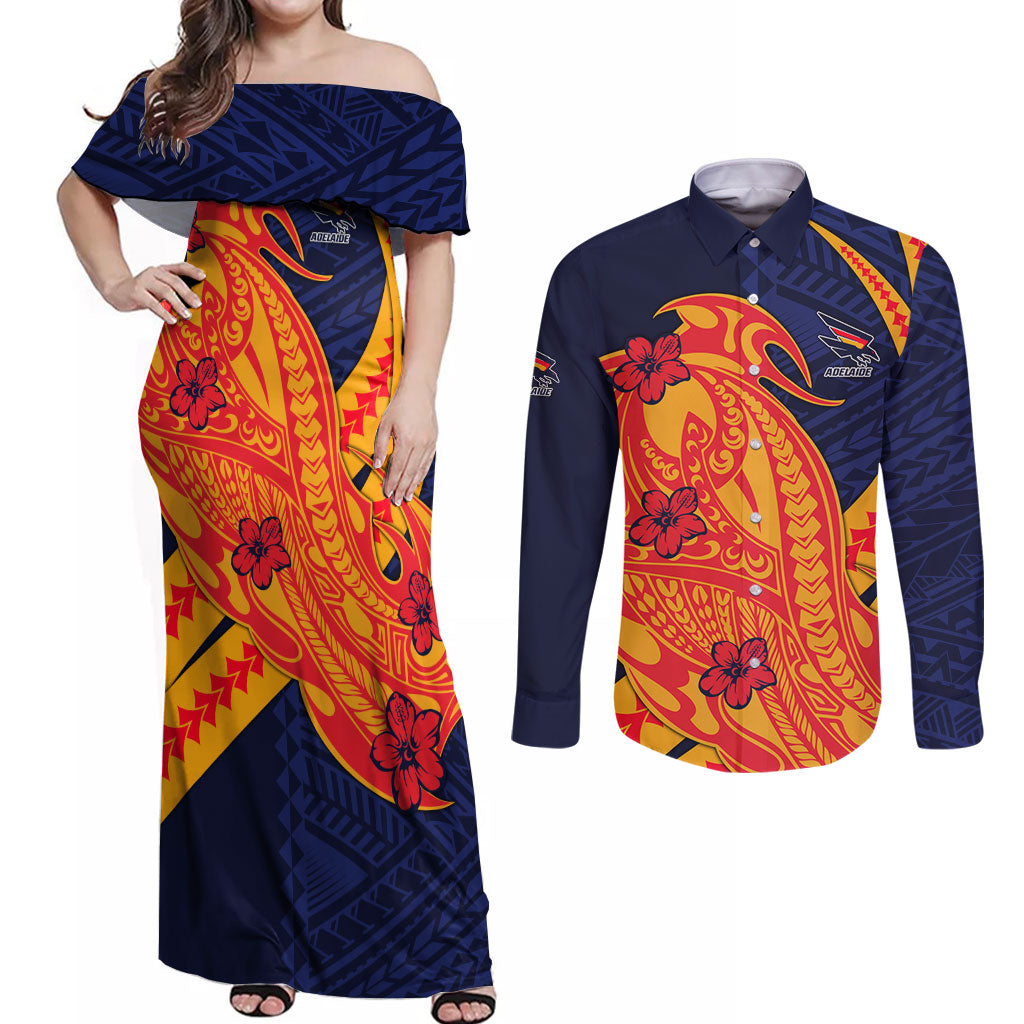 Personalized Adelaide Crows Couples Matching Off Shoulder Maxi Dress and Long Sleeve Button Shirt Polynesian Tribal Crow Mascot With Hibiscus Floral Art