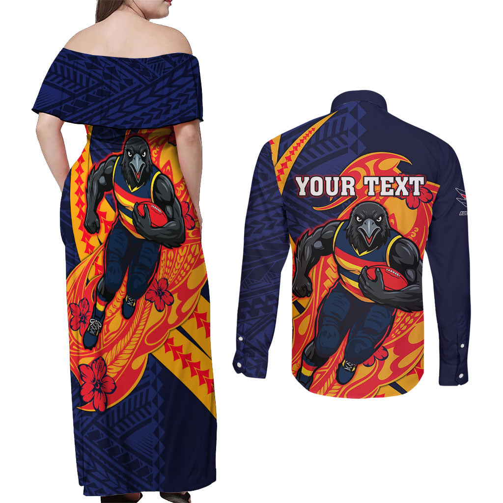 Personalized Adelaide Crows Couples Matching Off Shoulder Maxi Dress and Long Sleeve Button Shirt Polynesian Tribal Crow Mascot With Hibiscus Floral Art