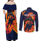 Personalized Adelaide Crows Couples Matching Off Shoulder Maxi Dress and Long Sleeve Button Shirt Polynesian Tribal Crow Mascot With Hibiscus Floral Art