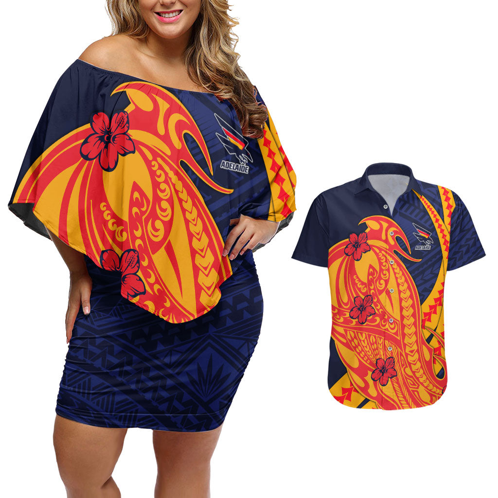 Personalized Adelaide Crows Couples Matching Off Shoulder Short Dress and Hawaiian Shirt Polynesian Tribal Crow Mascot With Hibiscus Floral Art