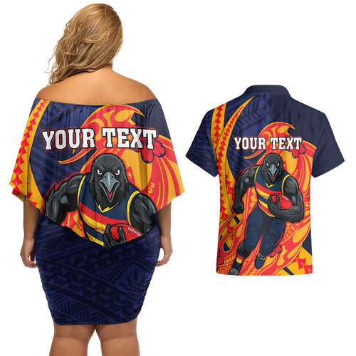 Personalized Adelaide Crows Couples Matching Off Shoulder Short Dress and Hawaiian Shirt Polynesian Tribal Crow Mascot With Hibiscus Floral Art