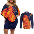 Personalized Adelaide Crows Couples Matching Off Shoulder Short Dress and Long Sleeve Button Shirt Polynesian Tribal Crow Mascot With Hibiscus Floral Art