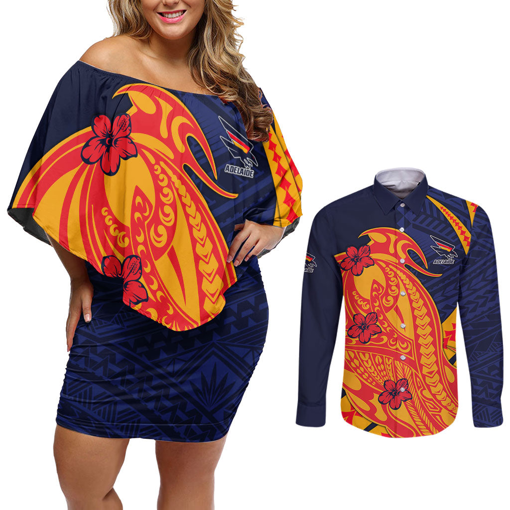 Personalized Adelaide Crows Couples Matching Off Shoulder Short Dress and Long Sleeve Button Shirt Polynesian Tribal Crow Mascot With Hibiscus Floral Art