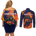 Personalized Adelaide Crows Couples Matching Off Shoulder Short Dress and Long Sleeve Button Shirt Polynesian Tribal Crow Mascot With Hibiscus Floral Art