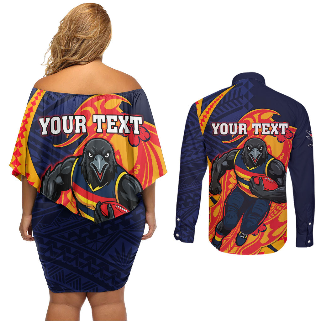 Personalized Adelaide Crows Couples Matching Off Shoulder Short Dress and Long Sleeve Button Shirt Polynesian Tribal Crow Mascot With Hibiscus Floral Art