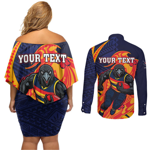 Personalized Adelaide Crows Couples Matching Off Shoulder Short Dress and Long Sleeve Button Shirt Polynesian Tribal Crow Mascot With Hibiscus Floral Art