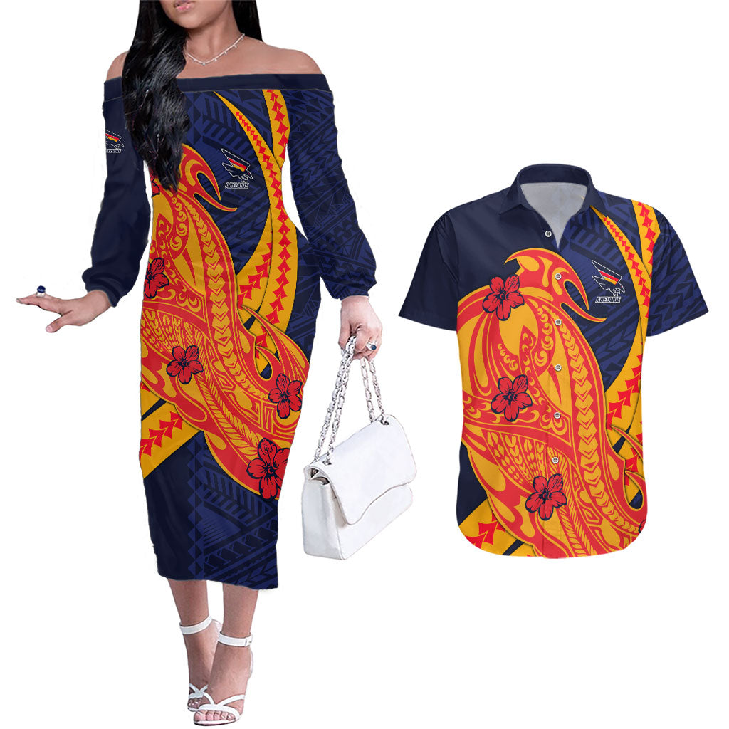 Personalized Adelaide Crows Couples Matching Off The Shoulder Long Sleeve Dress and Hawaiian Shirt Polynesian Tribal Crow Mascot With Hibiscus Floral Art