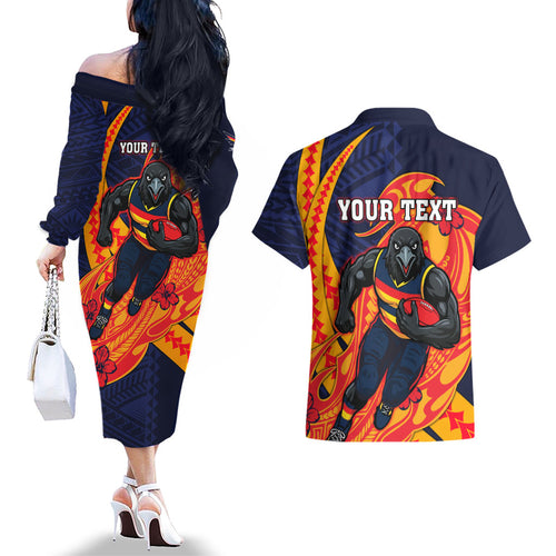 Personalized Adelaide Crows Couples Matching Off The Shoulder Long Sleeve Dress and Hawaiian Shirt Polynesian Tribal Crow Mascot With Hibiscus Floral Art