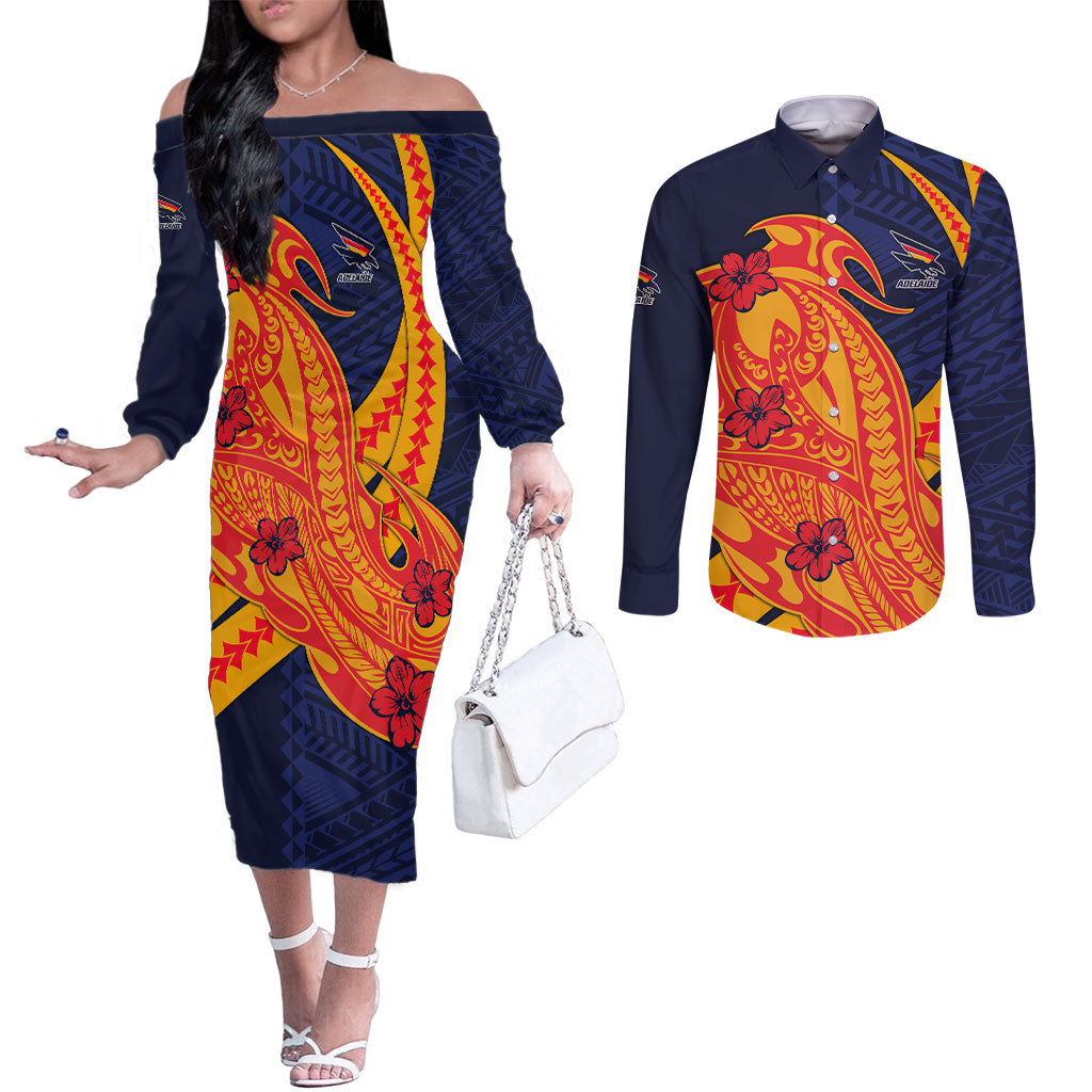 Personalized Adelaide Crows Couples Matching Off The Shoulder Long Sleeve Dress and Long Sleeve Button Shirt Polynesian Tribal Crow Mascot With Hibiscus Floral Art