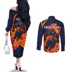 Personalized Adelaide Crows Couples Matching Off The Shoulder Long Sleeve Dress and Long Sleeve Button Shirt Polynesian Tribal Crow Mascot With Hibiscus Floral Art