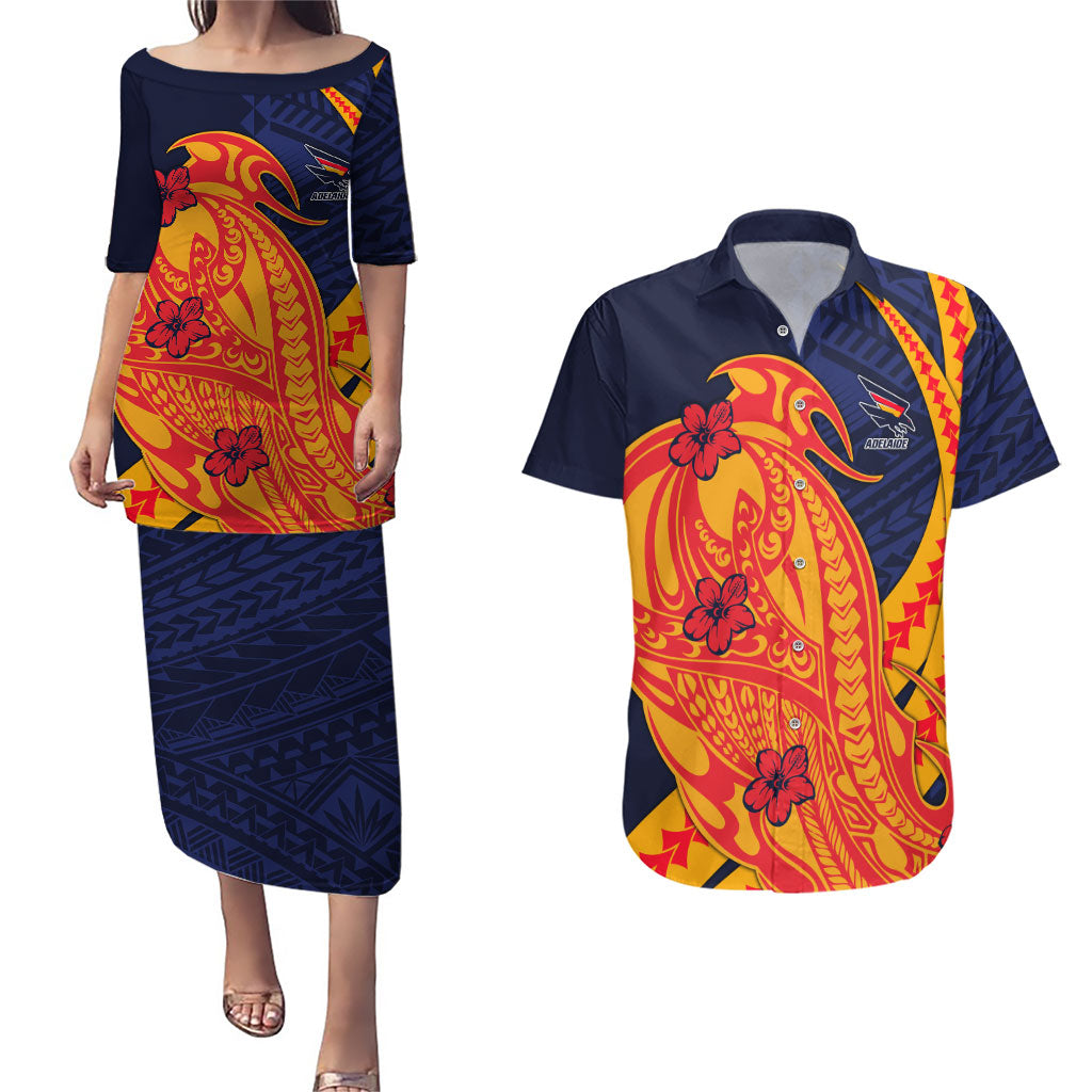 Personalized Adelaide Crows Couples Matching Puletasi and Hawaiian Shirt Polynesian Tribal Crow Mascot With Hibiscus Floral Art