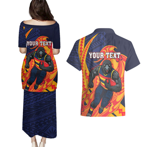 Personalized Adelaide Crows Couples Matching Puletasi and Hawaiian Shirt Polynesian Tribal Crow Mascot With Hibiscus Floral Art