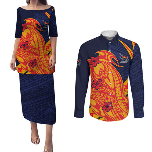 Personalized Adelaide Crows Couples Matching Puletasi and Long Sleeve Button Shirt Polynesian Tribal Crow Mascot With Hibiscus Floral Art