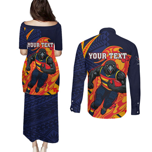 Personalized Adelaide Crows Couples Matching Puletasi and Long Sleeve Button Shirt Polynesian Tribal Crow Mascot With Hibiscus Floral Art