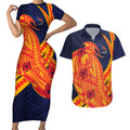 Personalized Adelaide Crows Couples Matching Short Sleeve Bodycon Dress and Hawaiian Shirt Polynesian Tribal Crow Mascot With Hibiscus Floral Art