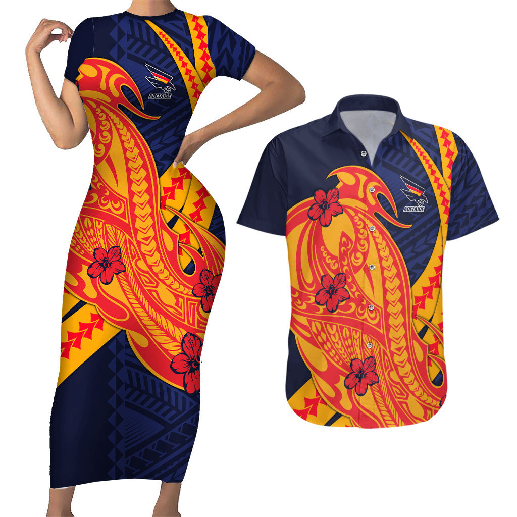 Personalized Adelaide Crows Couples Matching Short Sleeve Bodycon Dress and Hawaiian Shirt Polynesian Tribal Crow Mascot With Hibiscus Floral Art