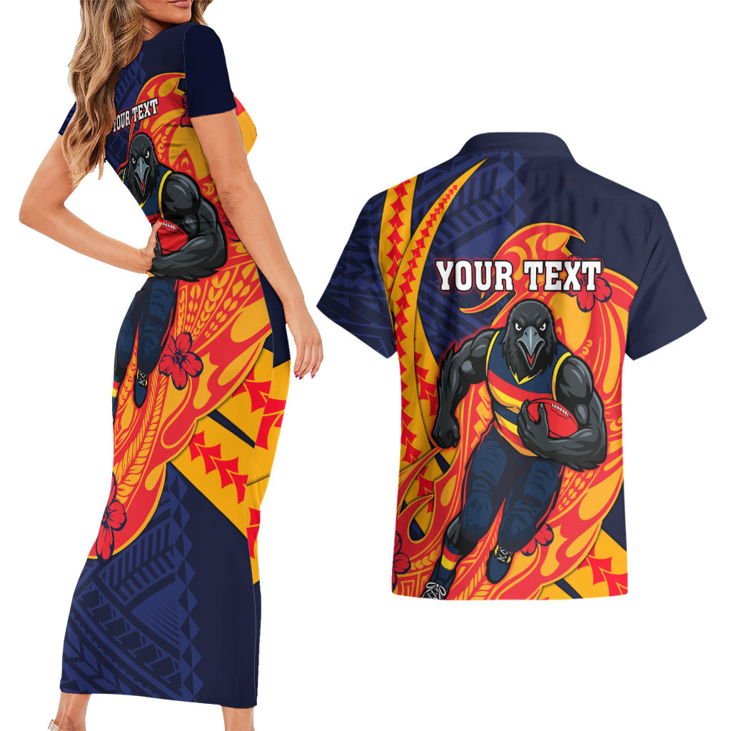 Personalized Adelaide Crows Couples Matching Short Sleeve Bodycon Dress and Hawaiian Shirt Polynesian Tribal Crow Mascot With Hibiscus Floral Art