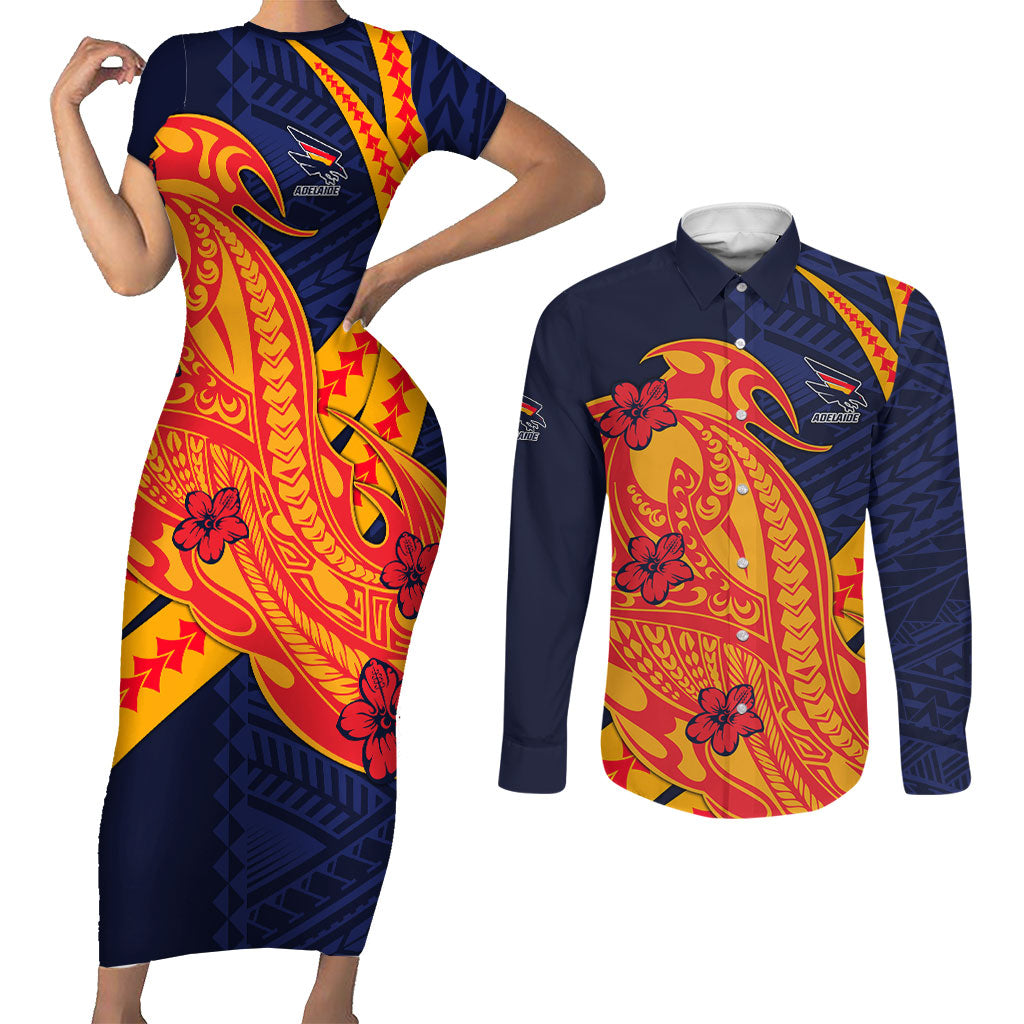 Personalized Adelaide Crows Couples Matching Short Sleeve Bodycon Dress and Long Sleeve Button Shirt Polynesian Tribal Crow Mascot With Hibiscus Floral Art