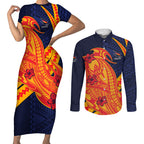 Personalized Adelaide Crows Couples Matching Short Sleeve Bodycon Dress and Long Sleeve Button Shirt Polynesian Tribal Crow Mascot With Hibiscus Floral Art