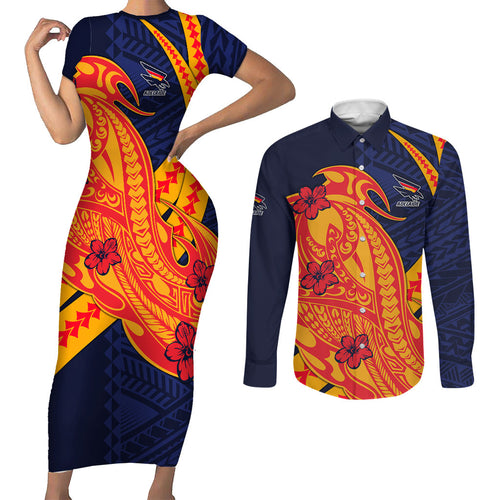 Personalized Adelaide Crows Couples Matching Short Sleeve Bodycon Dress and Long Sleeve Button Shirt Polynesian Tribal Crow Mascot With Hibiscus Floral Art