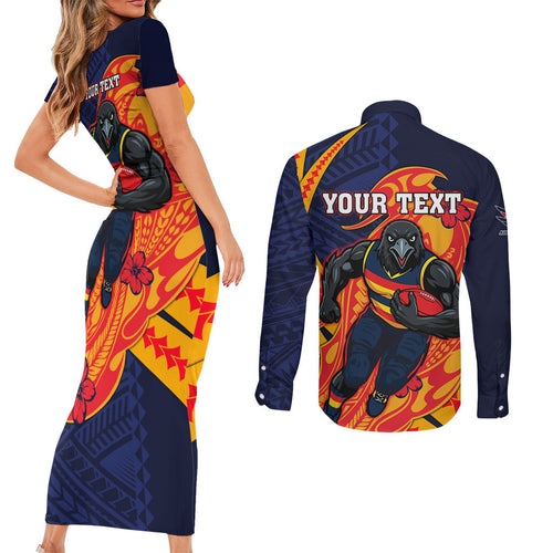 Personalized Adelaide Crows Couples Matching Short Sleeve Bodycon Dress and Long Sleeve Button Shirt Polynesian Tribal Crow Mascot With Hibiscus Floral Art