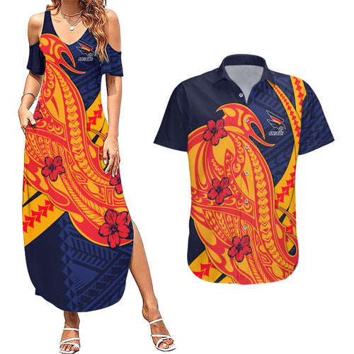 Personalized Adelaide Crows Couples Matching Summer Maxi Dress and Hawaiian Shirt Polynesian Tribal Crow Mascot With Hibiscus Floral Art