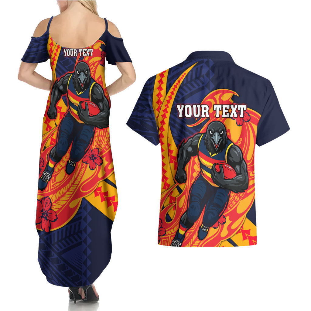 Personalized Adelaide Crows Couples Matching Summer Maxi Dress and Hawaiian Shirt Polynesian Tribal Crow Mascot With Hibiscus Floral Art