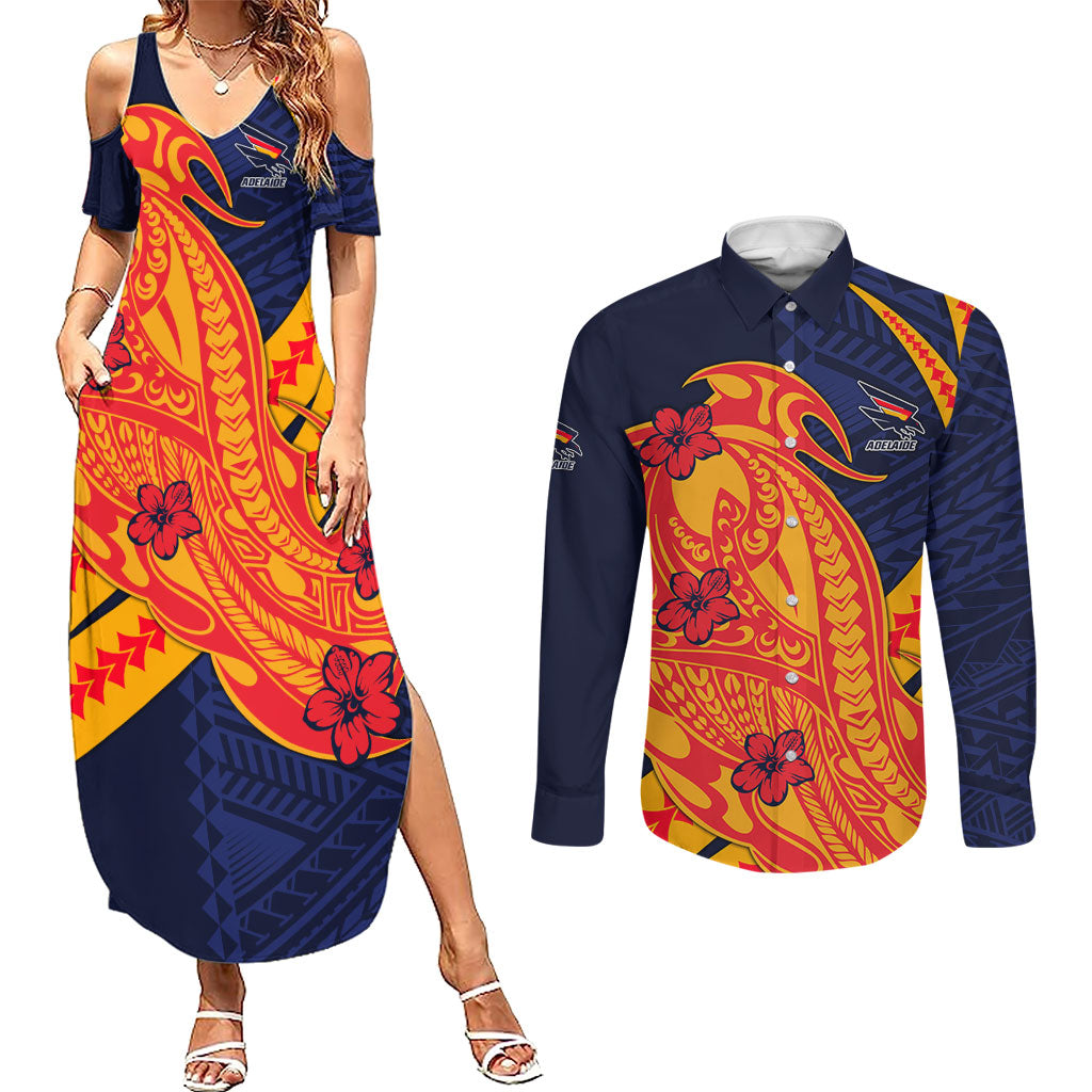 Personalized Adelaide Crows Couples Matching Summer Maxi Dress and Long Sleeve Button Shirt Polynesian Tribal Crow Mascot With Hibiscus Floral Art