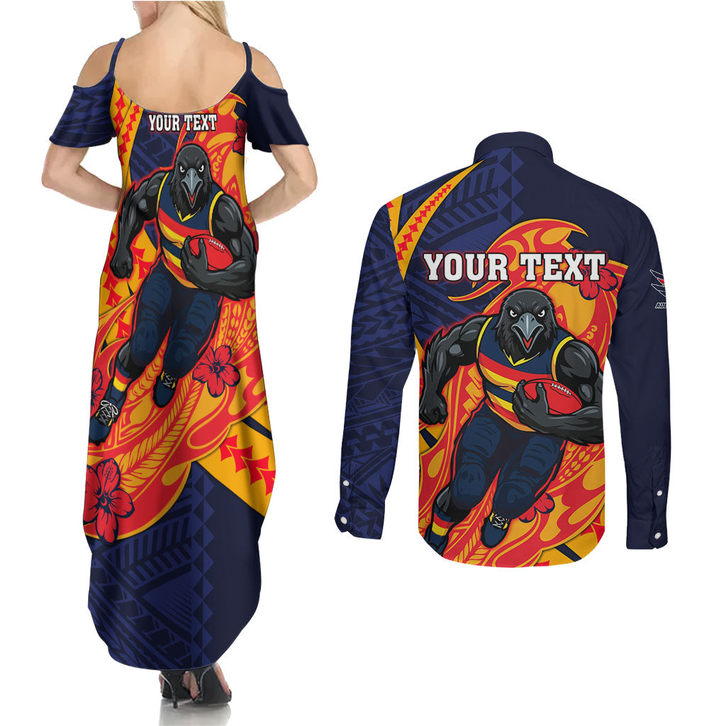 Personalized Adelaide Crows Couples Matching Summer Maxi Dress and Long Sleeve Button Shirt Polynesian Tribal Crow Mascot With Hibiscus Floral Art