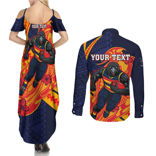 Personalized Adelaide Crows Couples Matching Summer Maxi Dress and Long Sleeve Button Shirt Polynesian Tribal Crow Mascot With Hibiscus Floral Art