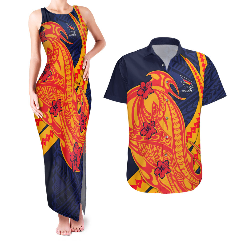 Personalized Adelaide Crows Couples Matching Tank Maxi Dress and Hawaiian Shirt Polynesian Tribal Crow Mascot With Hibiscus Floral Art