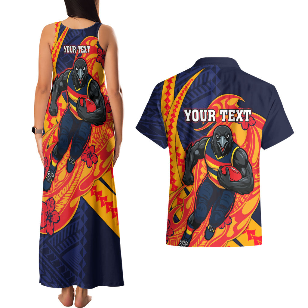 Personalized Adelaide Crows Couples Matching Tank Maxi Dress and Hawaiian Shirt Polynesian Tribal Crow Mascot With Hibiscus Floral Art