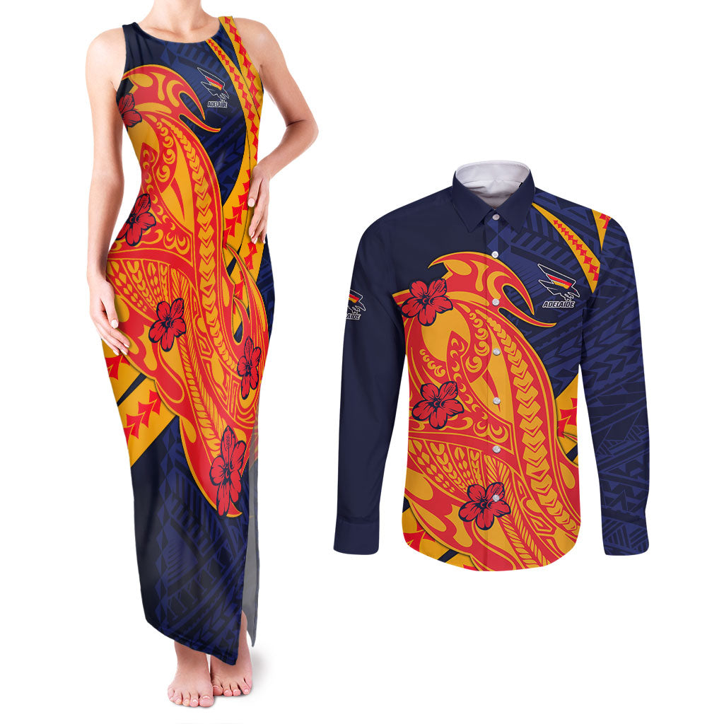 Personalized Adelaide Crows Couples Matching Tank Maxi Dress and Long Sleeve Button Shirt Polynesian Tribal Crow Mascot With Hibiscus Floral Art