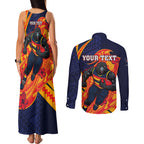 Personalized Adelaide Crows Couples Matching Tank Maxi Dress and Long Sleeve Button Shirt Polynesian Tribal Crow Mascot With Hibiscus Floral Art
