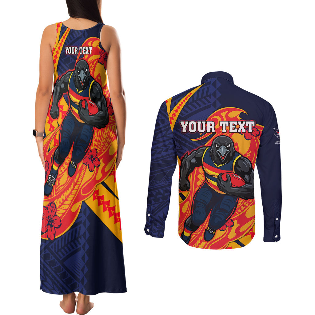 Personalized Adelaide Crows Couples Matching Tank Maxi Dress and Long Sleeve Button Shirt Polynesian Tribal Crow Mascot With Hibiscus Floral Art